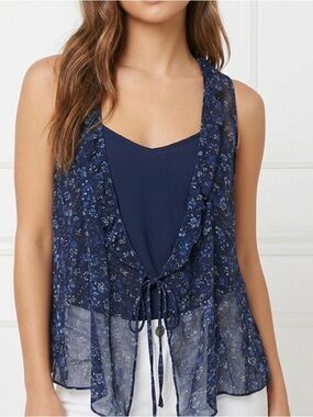 Navy Floral Sheer Tie-Front Vest